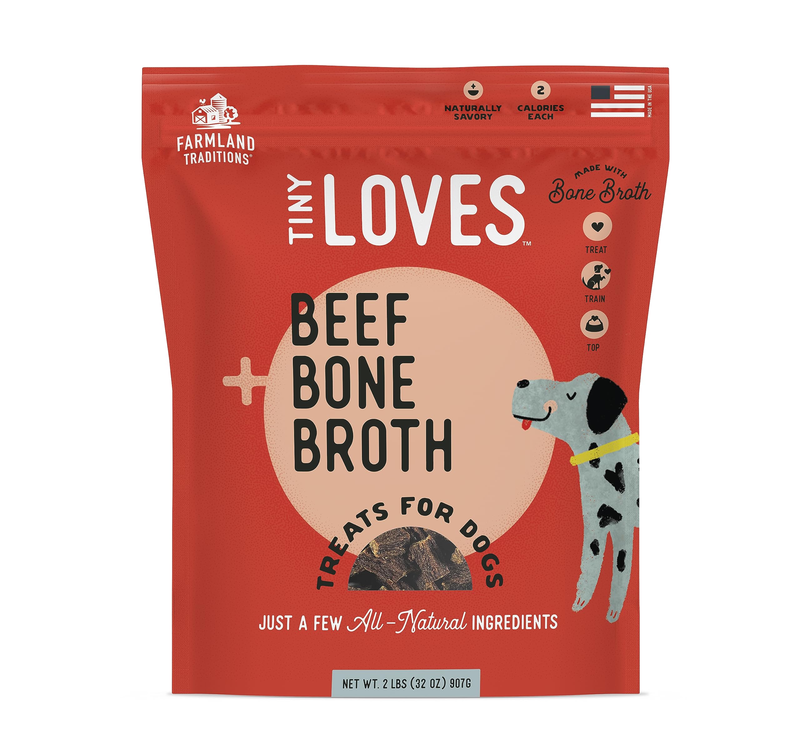 Farmland Traditions Tiny Loves Jerky Trainer Beef with bone broth for training rewards.