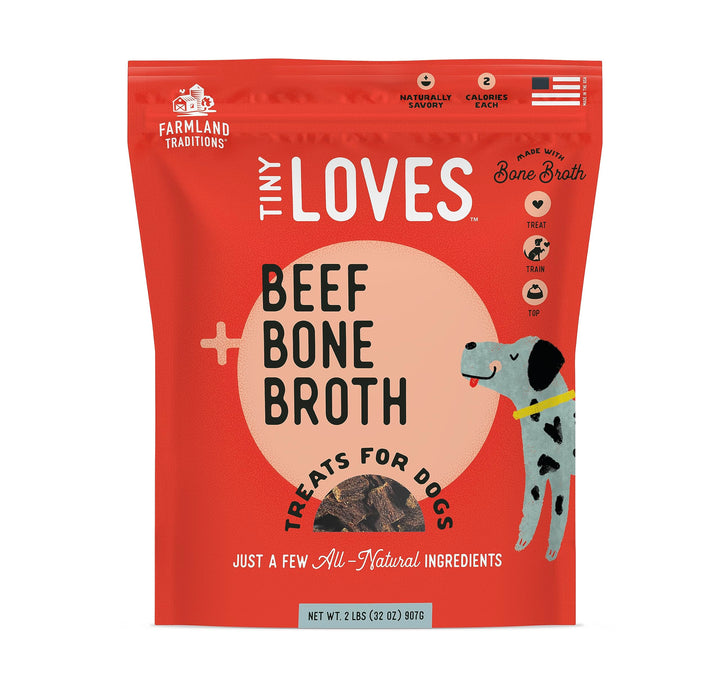 Farmland Traditions Tiny Loves Jerky Trainer Beef with bone broth for training rewards.