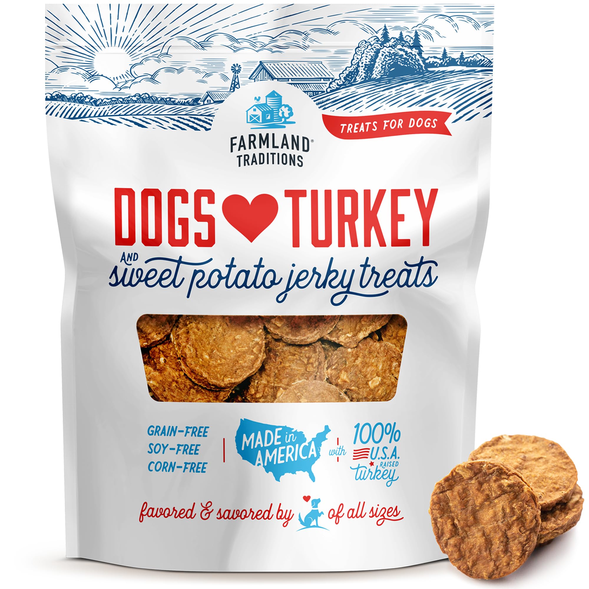 Farmland Traditions turkey and sweet potato jerky pack shot highlights premium protein treats for dogs.