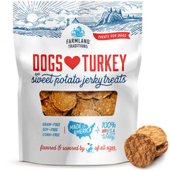 Farmland Traditions turkey and sweet potato jerky pack shot highlights premium protein treats for dogs.