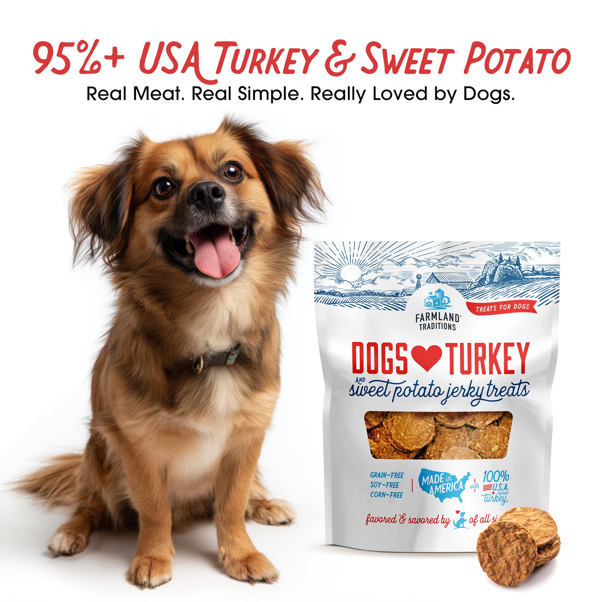 Farmland Traditions turkey jerky slice closeup showcases tender texture ideal for training rewards.