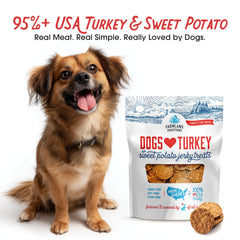Farmland Traditions turkey jerky slice closeup showcases tender texture ideal for training rewards.