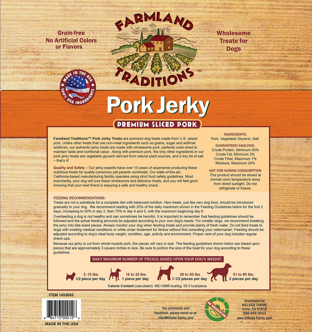 Farmland Traditions pork jerky dog treats close-up highlighting chewy texture for easy handling