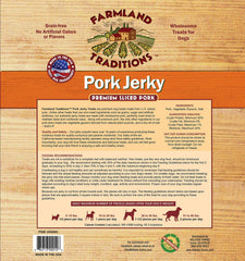 Farmland Traditions pork jerky dog treats close-up highlighting chewy texture for easy handling