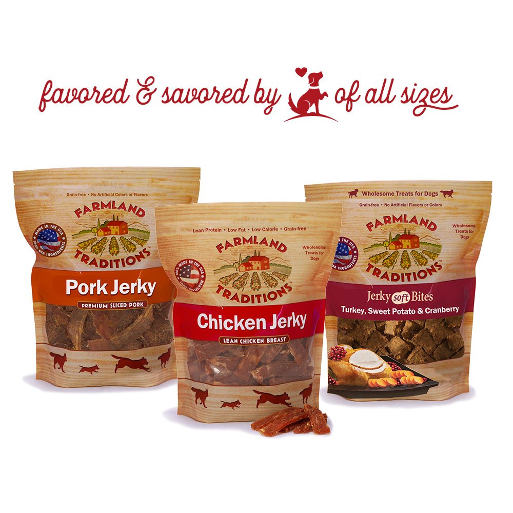 Farmland Traditions USA pork jerky dog treats packaging shown for storage after adventures