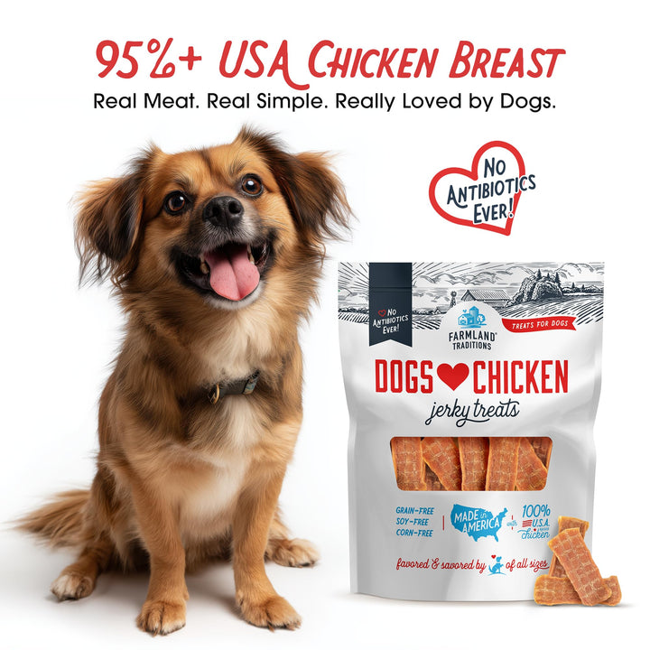Farmland Traditions USA-raised chicken close-up, high-protein snack for healthy dogs.
