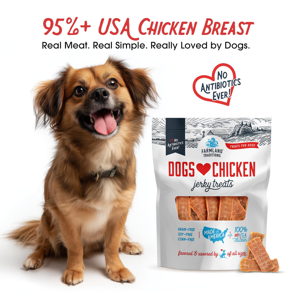Farmland Traditions USA-raised chicken close-up, high-protein snack for healthy dogs.