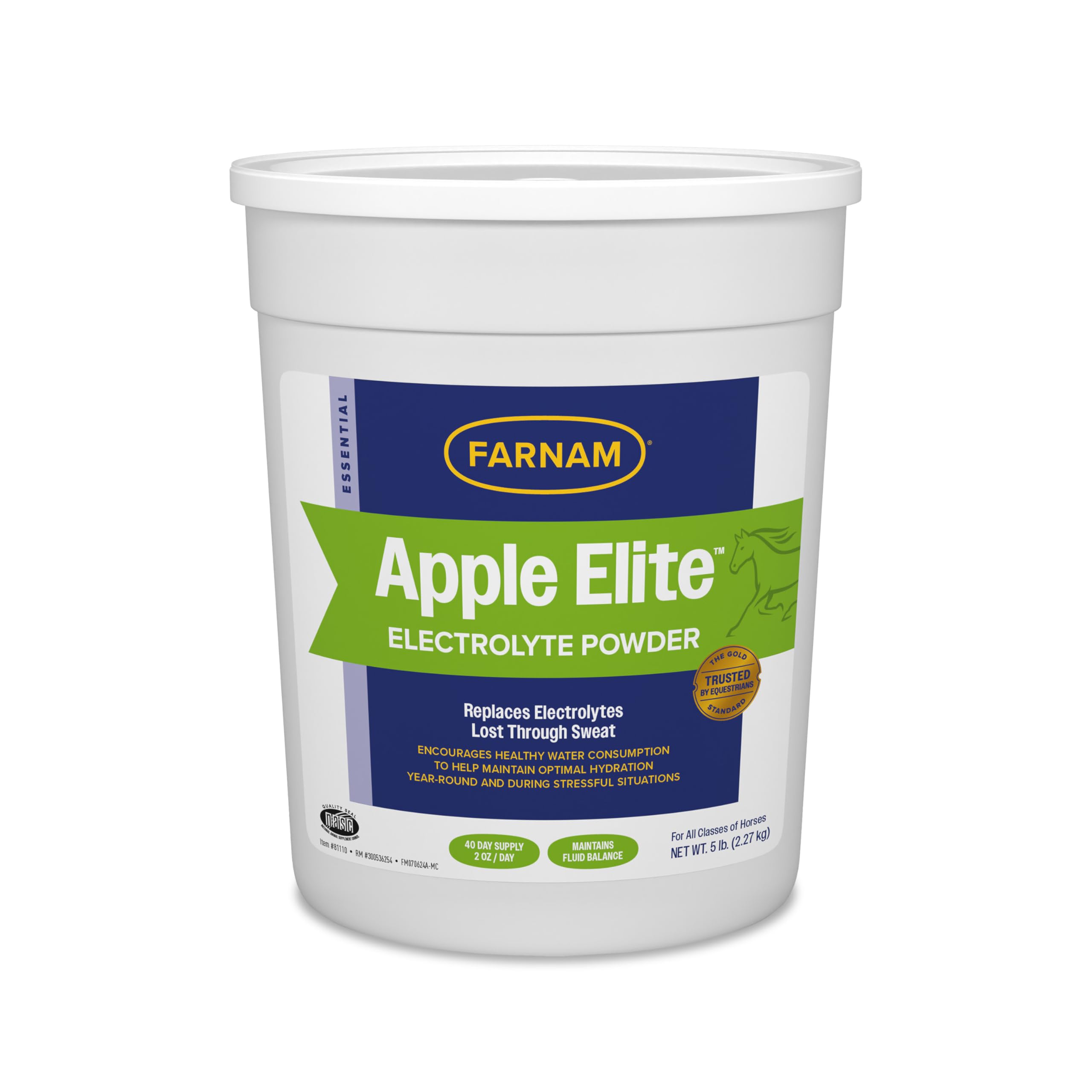Farnam Apple Elite electrolyte powder container shows hydration support for horses
