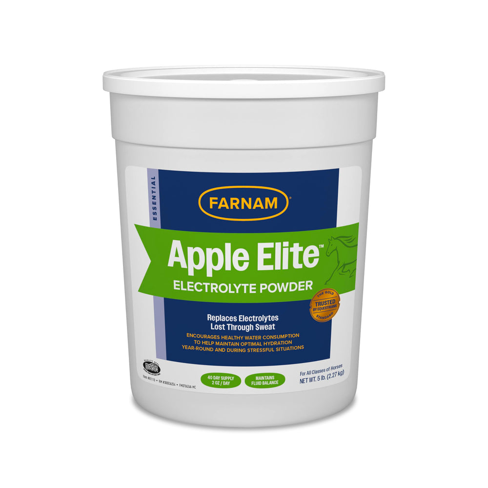Farnam Apple Elite electrolyte powder container shows hydration support for horses