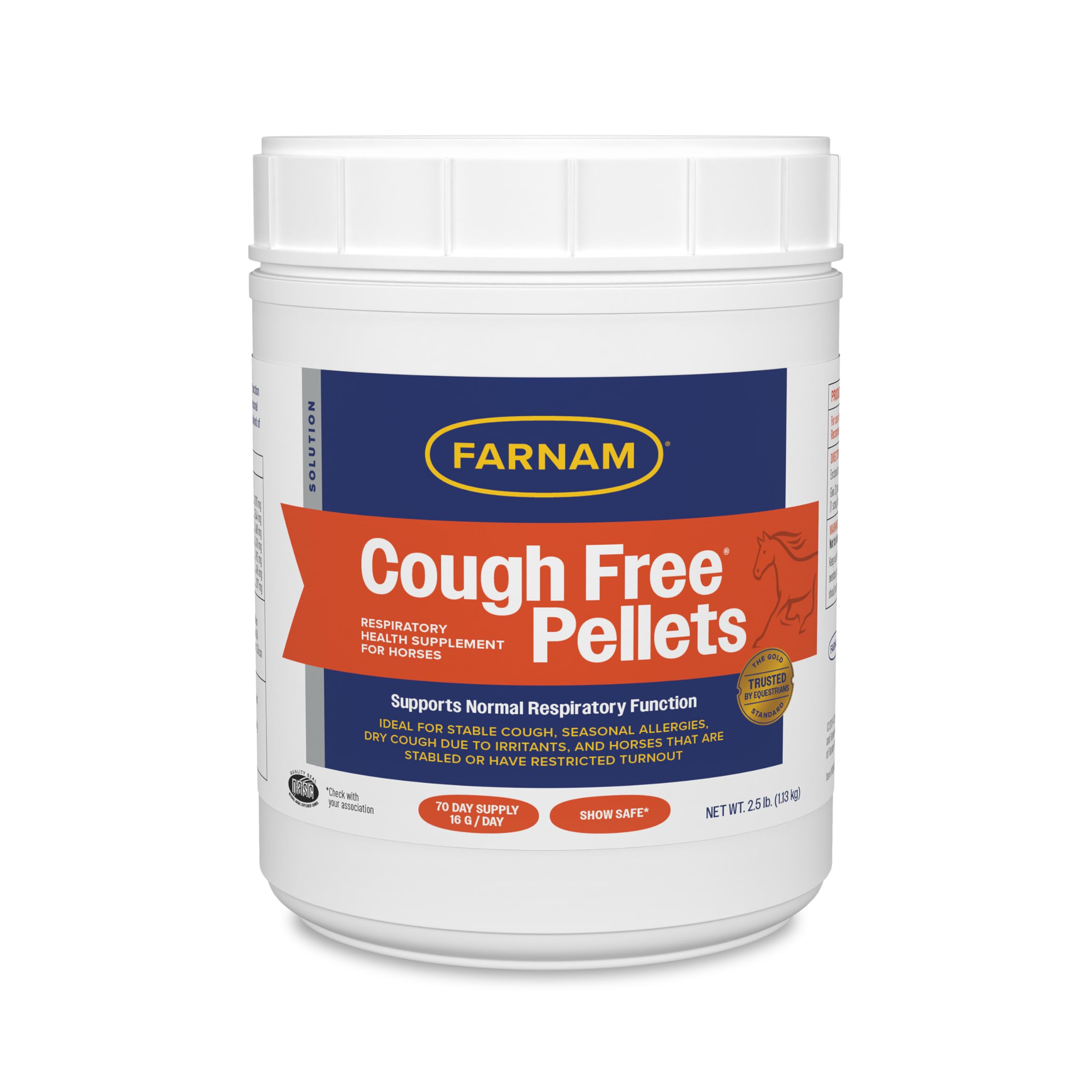 Farnam Cough Free pellets pack shot showing easy-to-feed respiratory support.