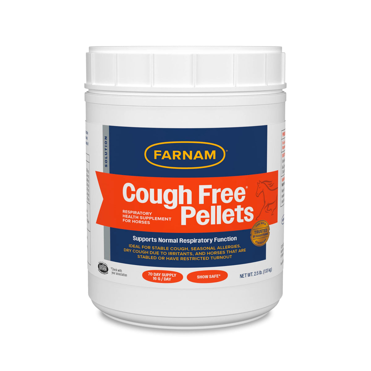 Farnam Cough Free pellets pack shot showing easy-to-feed respiratory support.