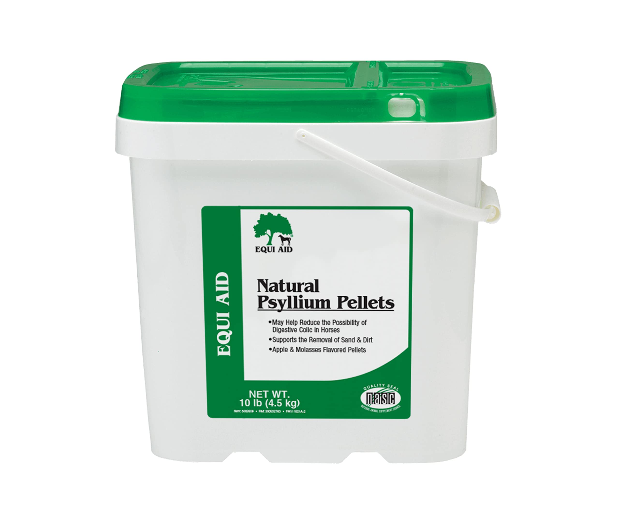 Farnam Equi Aid psyllium pellets in a scoop, supporting equine digestion