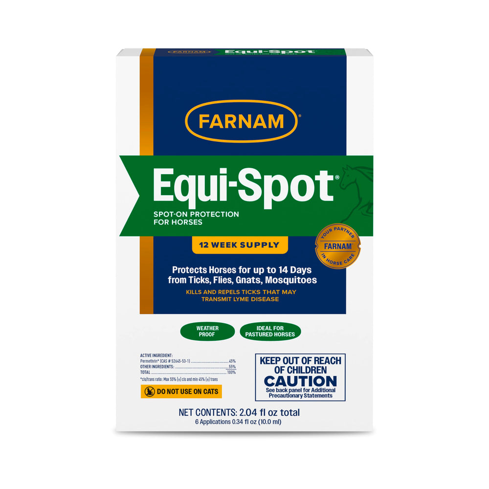 Farnam Equi-Spot bottle shown for long-lasting horse protection.