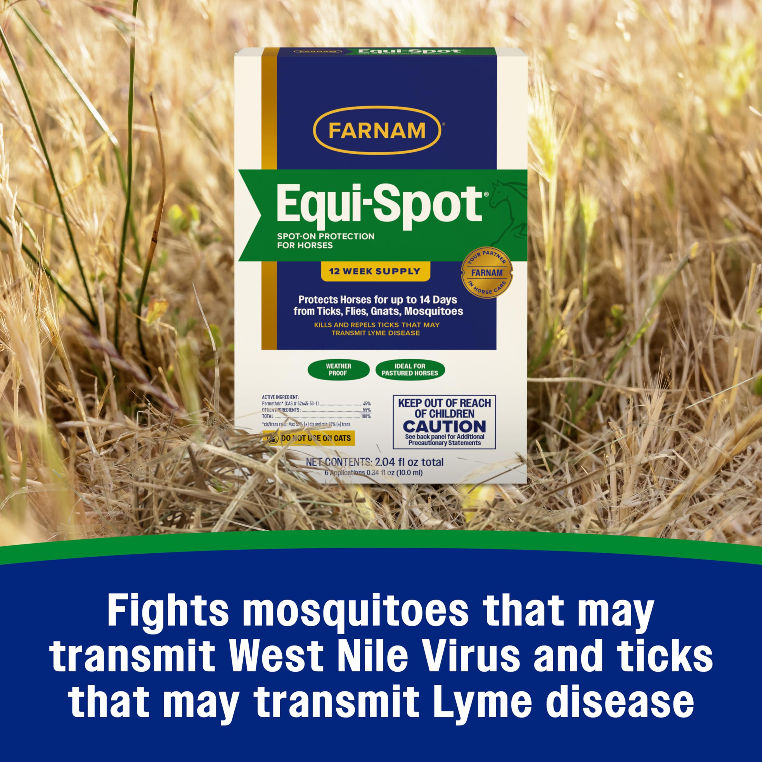 Weatherproof Equi-Spot formula resists rain and sweat on horses.