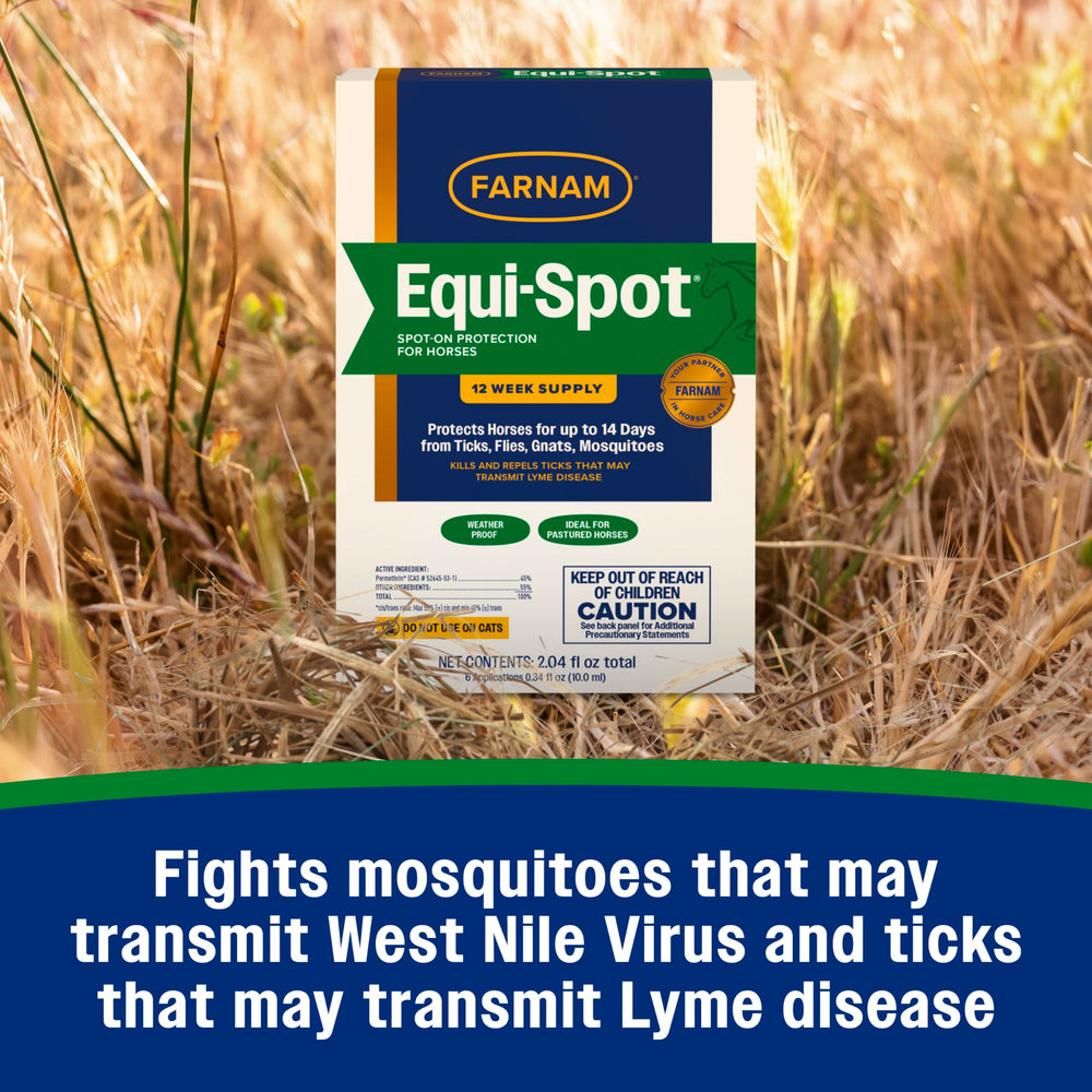Weatherproof Equi-Spot formula resists rain and sweat on horses.