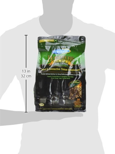 Farnam Horseshoer Secret biotin ingredients label highlights lysine, methionine, and minerals for hoof health.