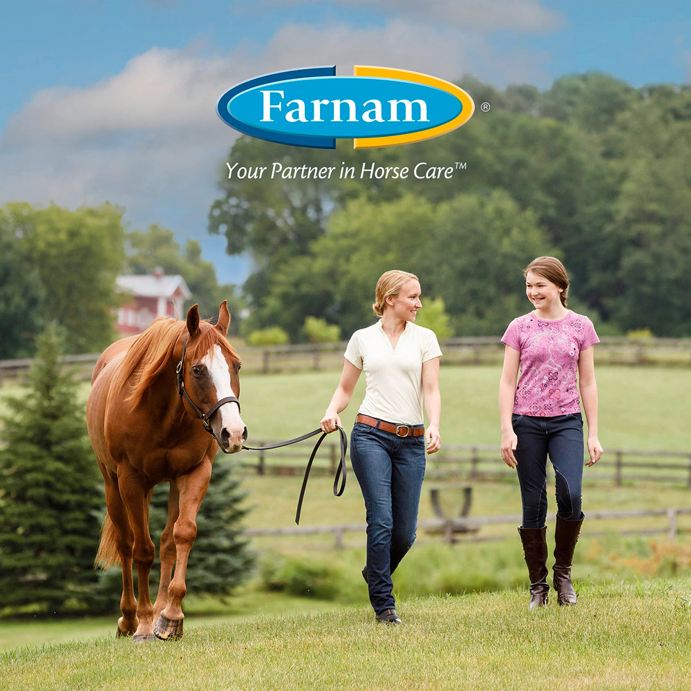 Bottle photographed beside a horse silhouette illustrating routine hoof care benefits.