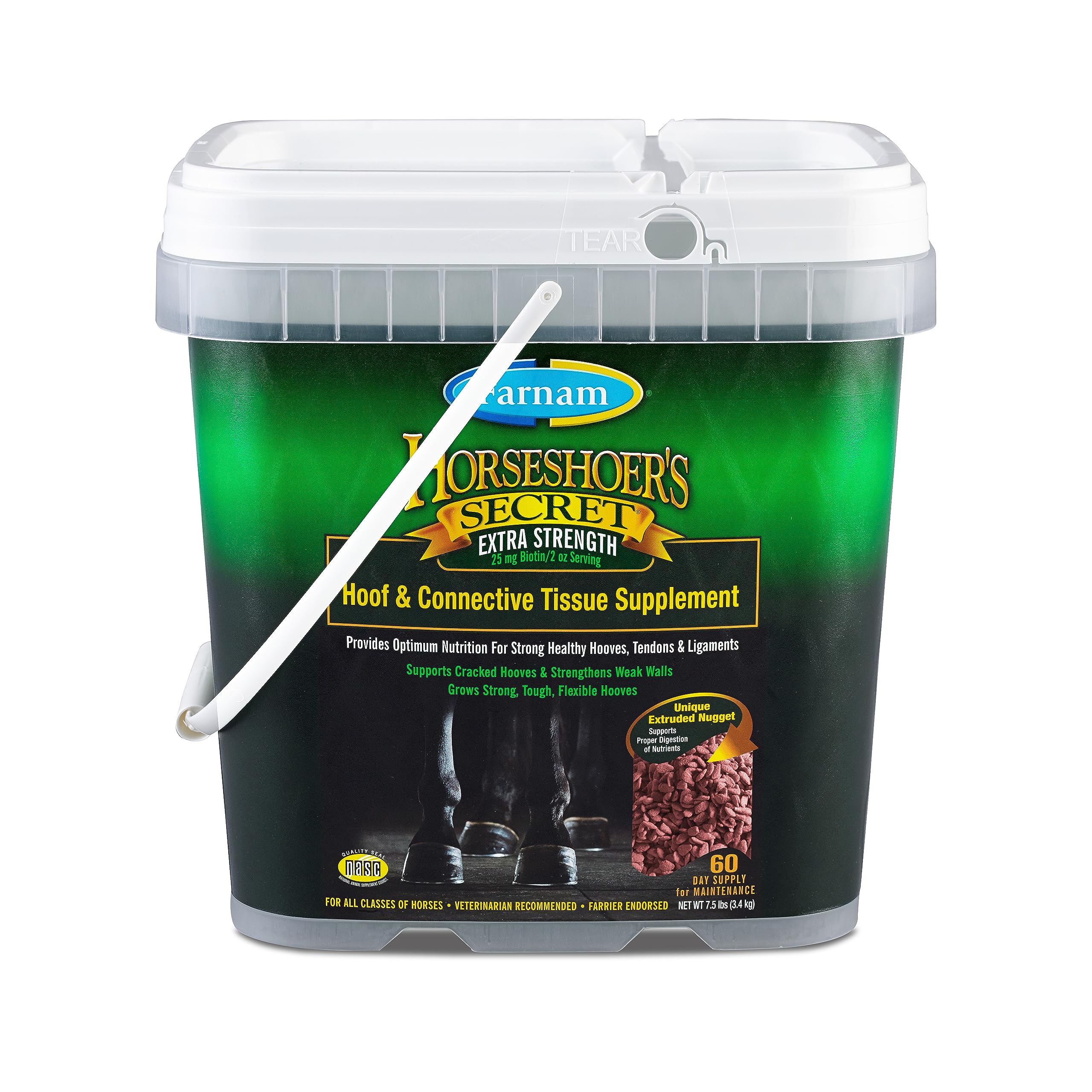 Farnam Horseshoer Secret extra strength hoof nails: promotes stronger nails for tougher hooves.