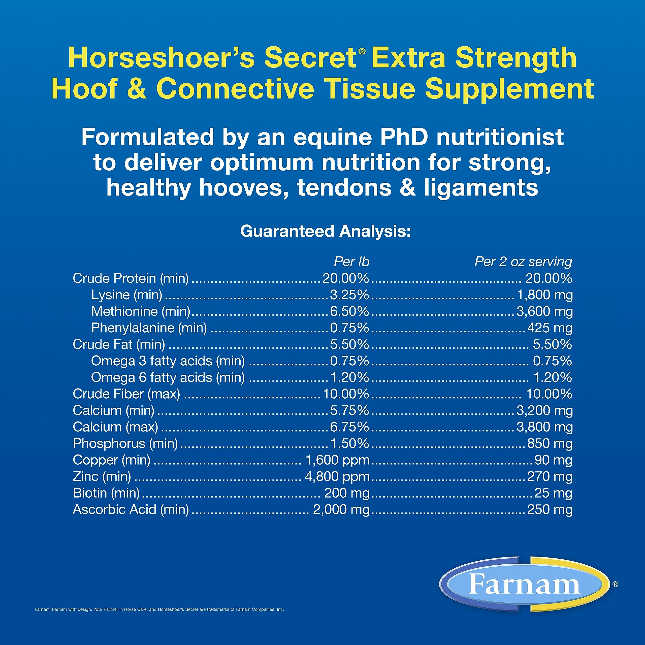 Farnam Horseshoer Secret lysine methionine: essential amino acids for hoof and tissue support.