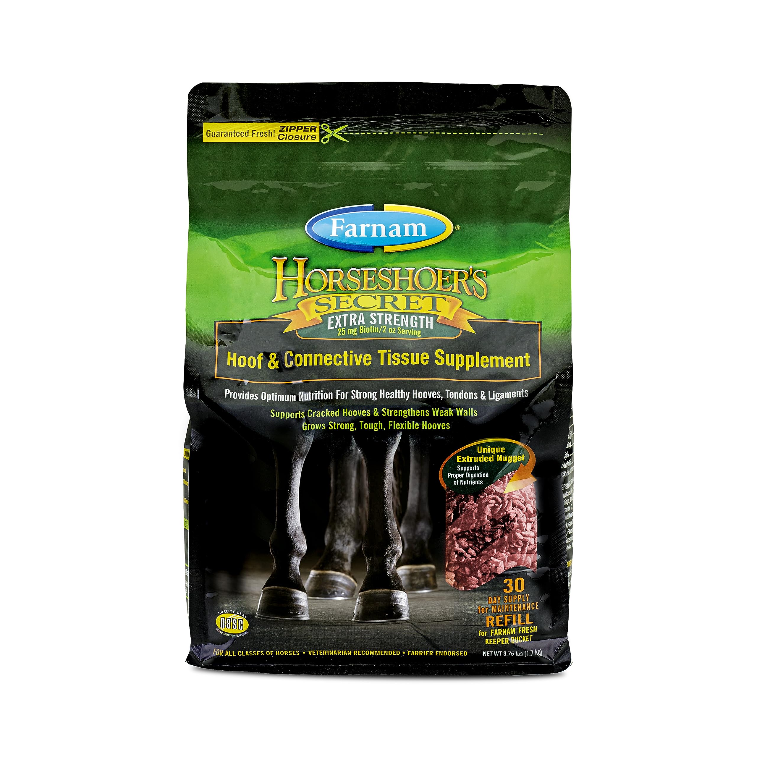 Farnam Horseshoer Secret hoof supplement bottle beside nutrients for stronger hooves.