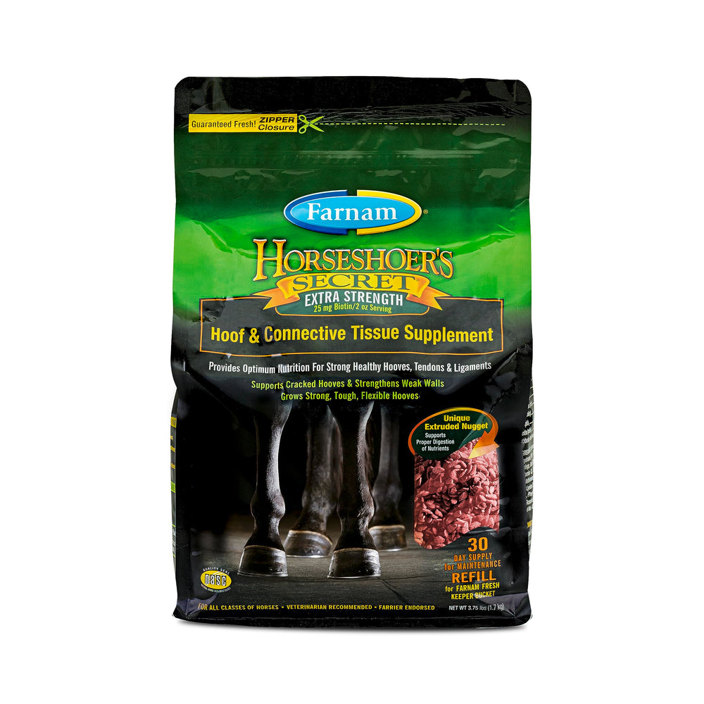 Farnam Horseshoer Secret hoof supplement bottle beside nutrients for stronger hooves.