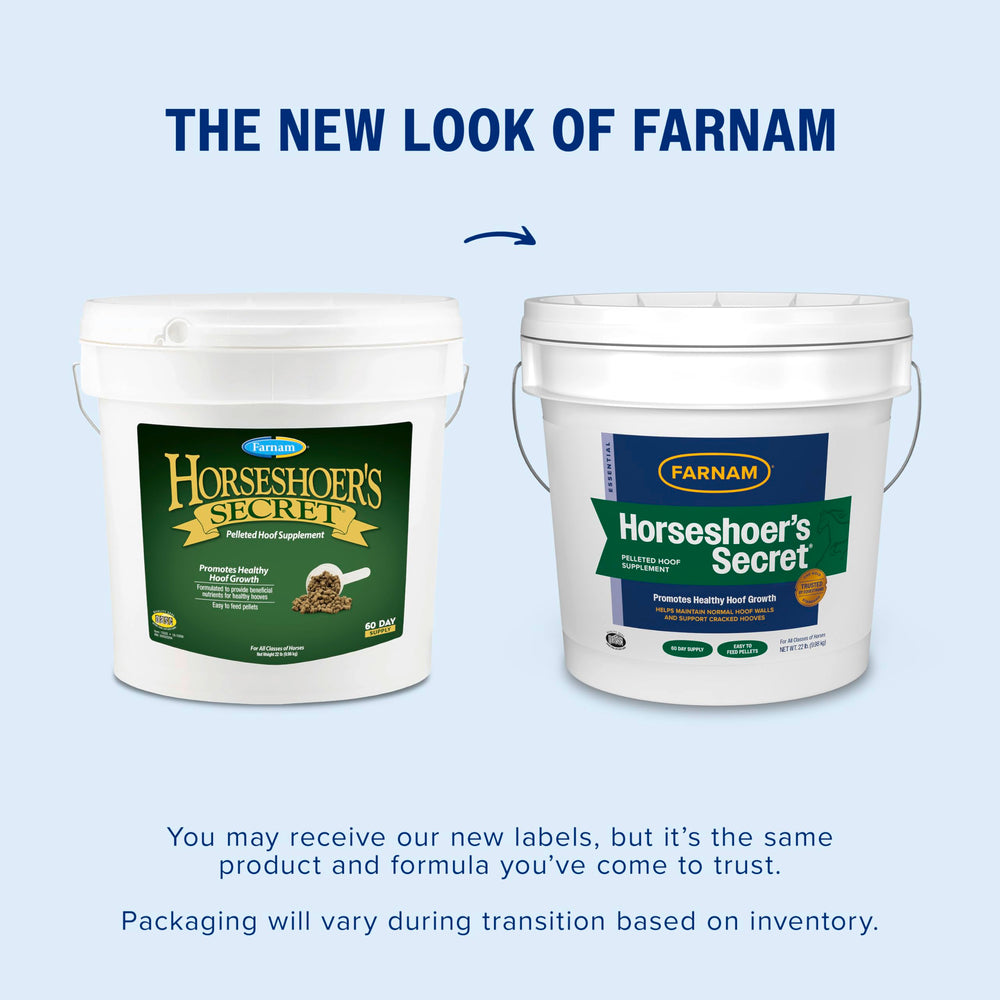 Farnam Horseshoer’s Secret alfalfa pellets shown as a palatable hoof nutrient mix