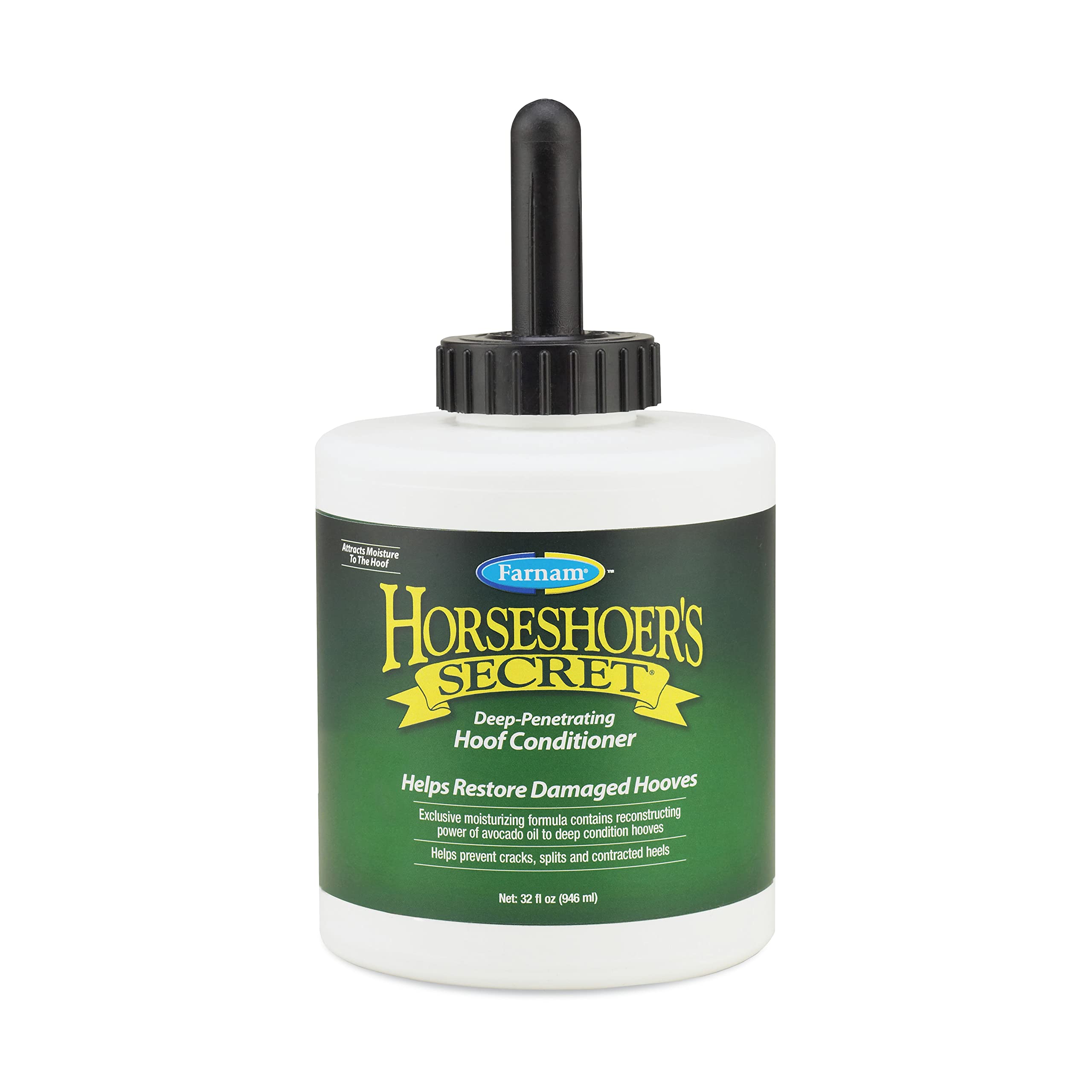 Farnam Horseshoer’s Secret bottle pour enables quick hoof care and moisture delivery