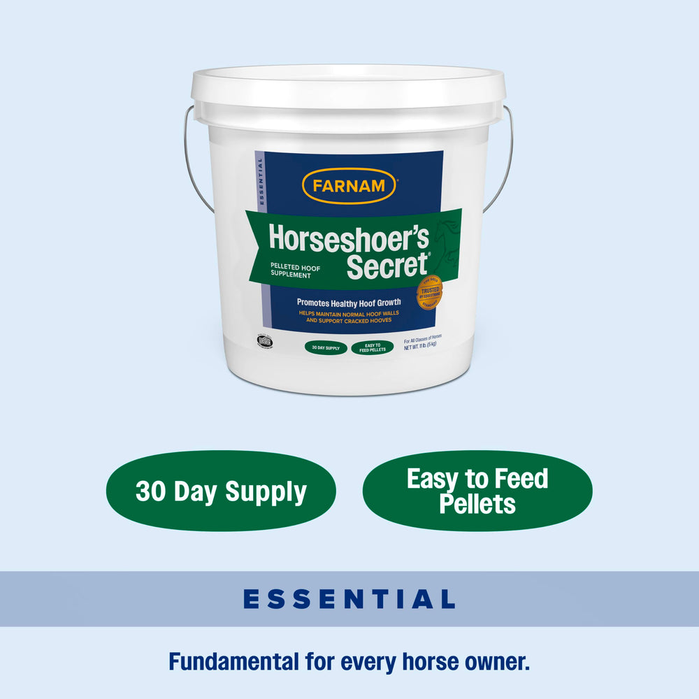 Farnam Horseshoer’s Secret farrier-recommended hoof supplement.