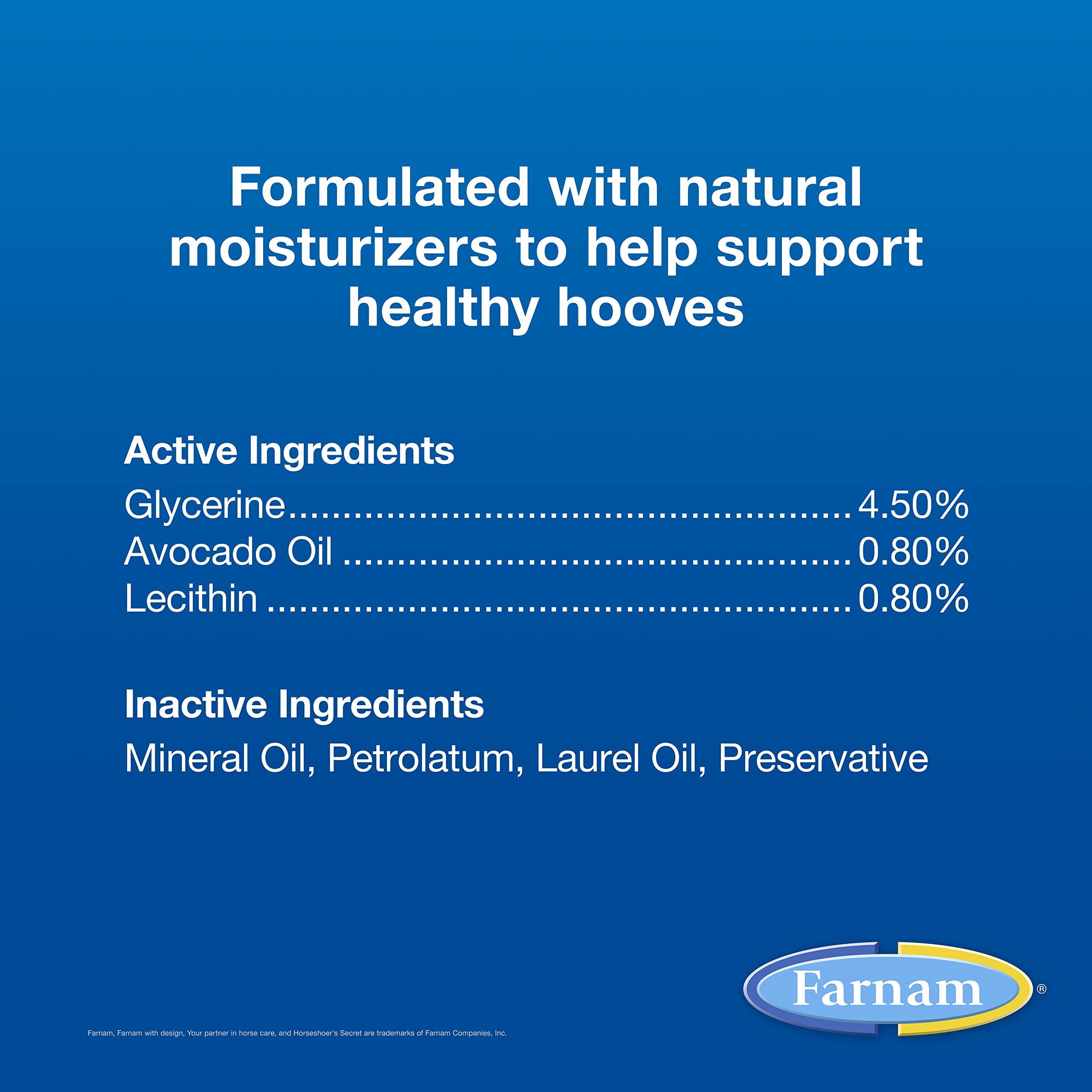 Farnam Horseshoer’s Secret hoof oil shine enhances color and texture on healthy hooves