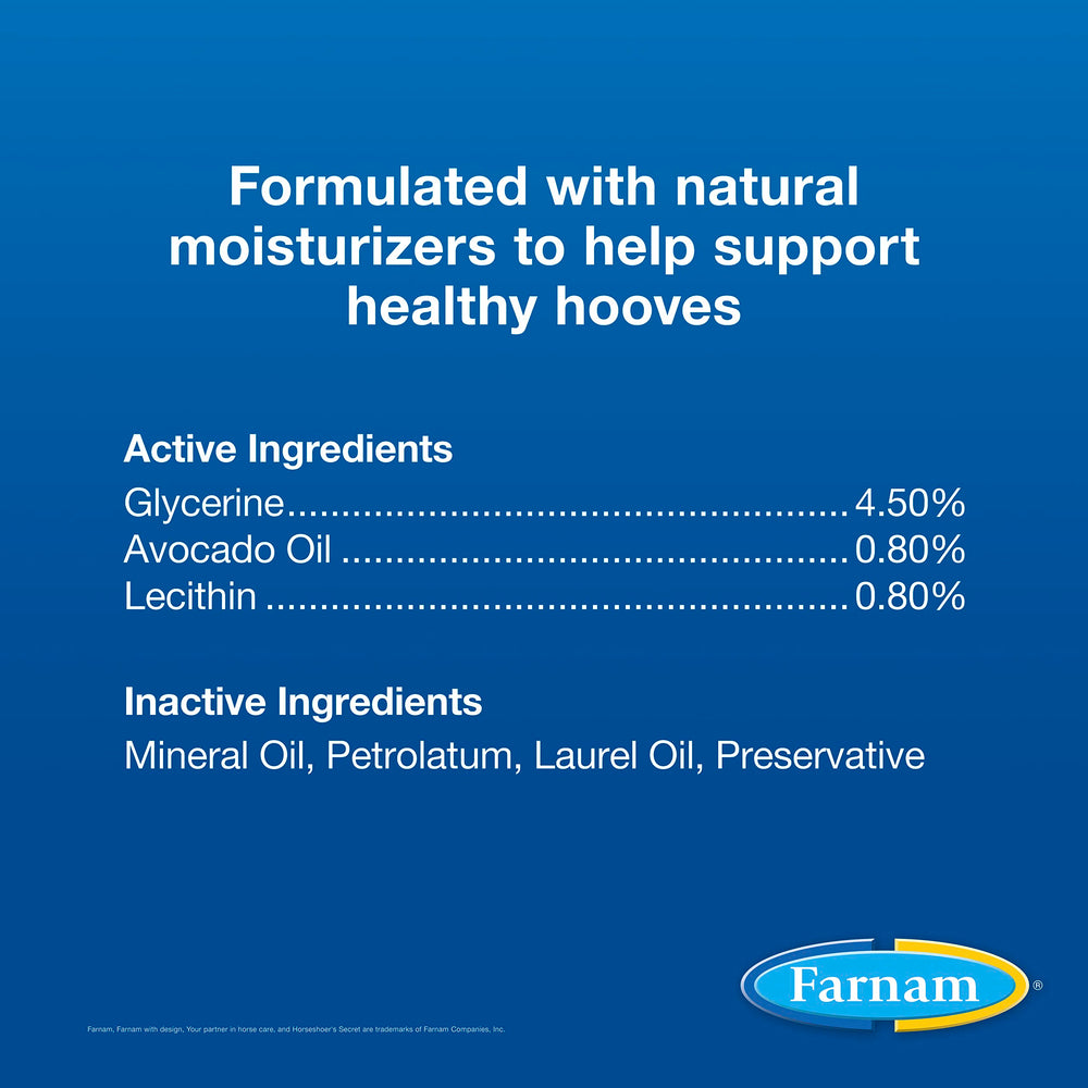Farnam Horseshoer’s Secret hoof oil shine enhances color and texture on healthy hooves