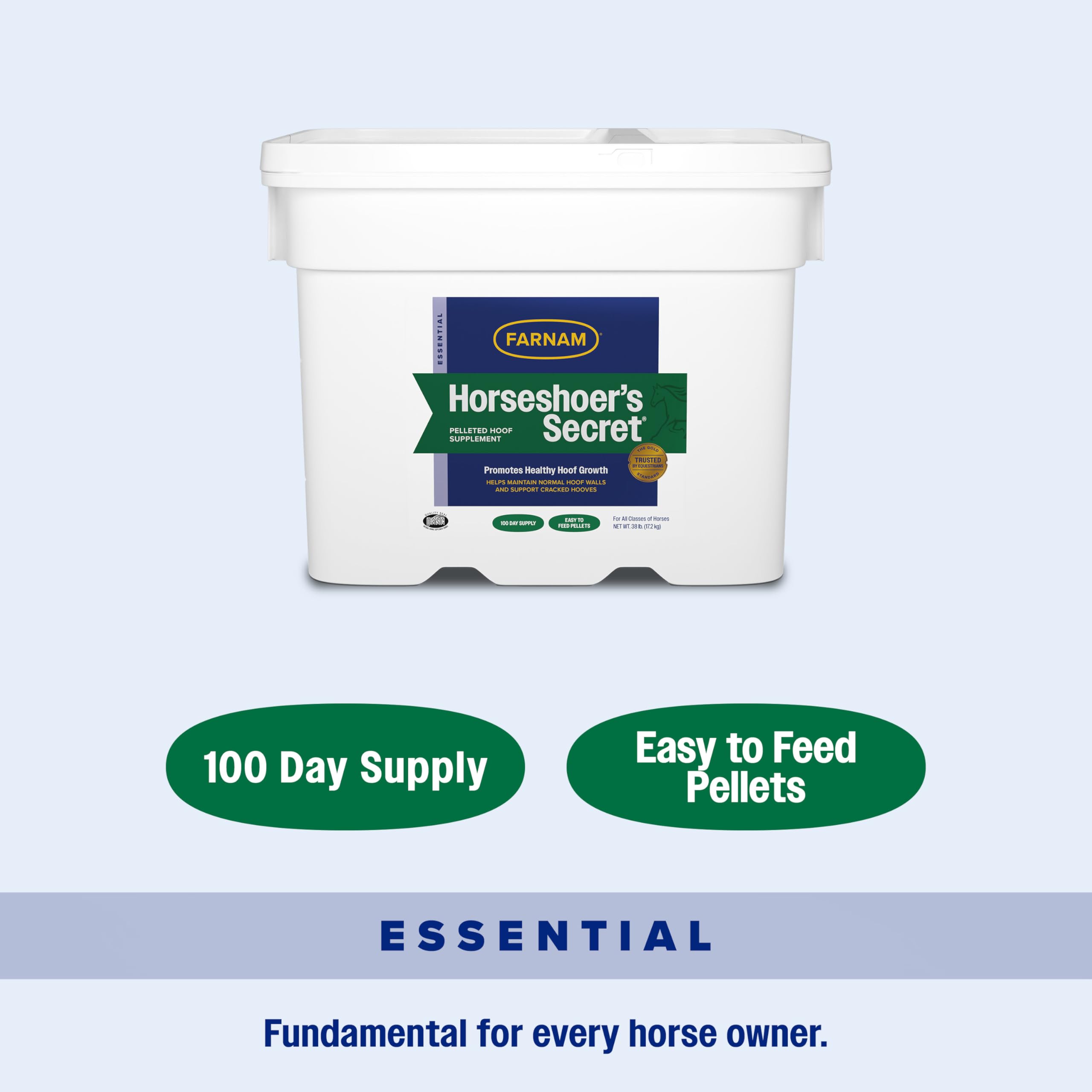 Farnam Horseshoer’s Secret communicates all-in-one support for hoof health and mobility.