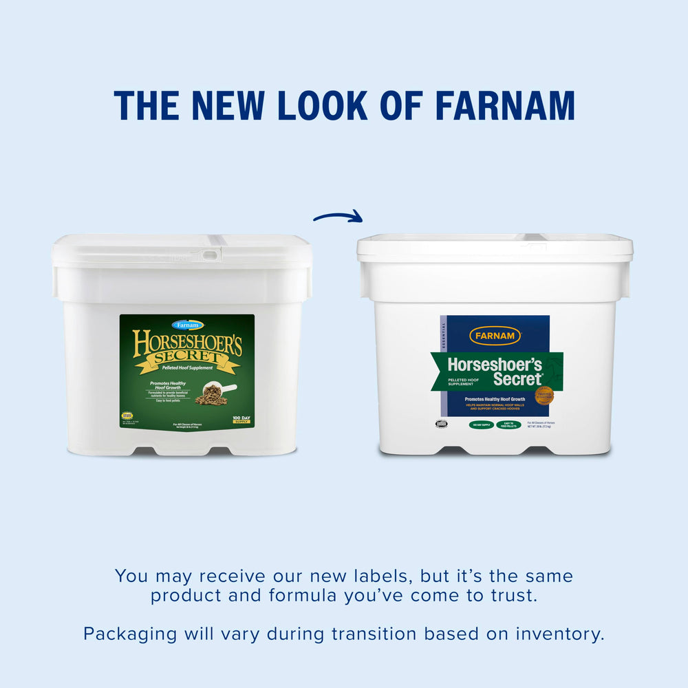Farnam Horseshoer’s Secret pellets illustrate palatable alfalfa-based nutrition for daily hoof care.
