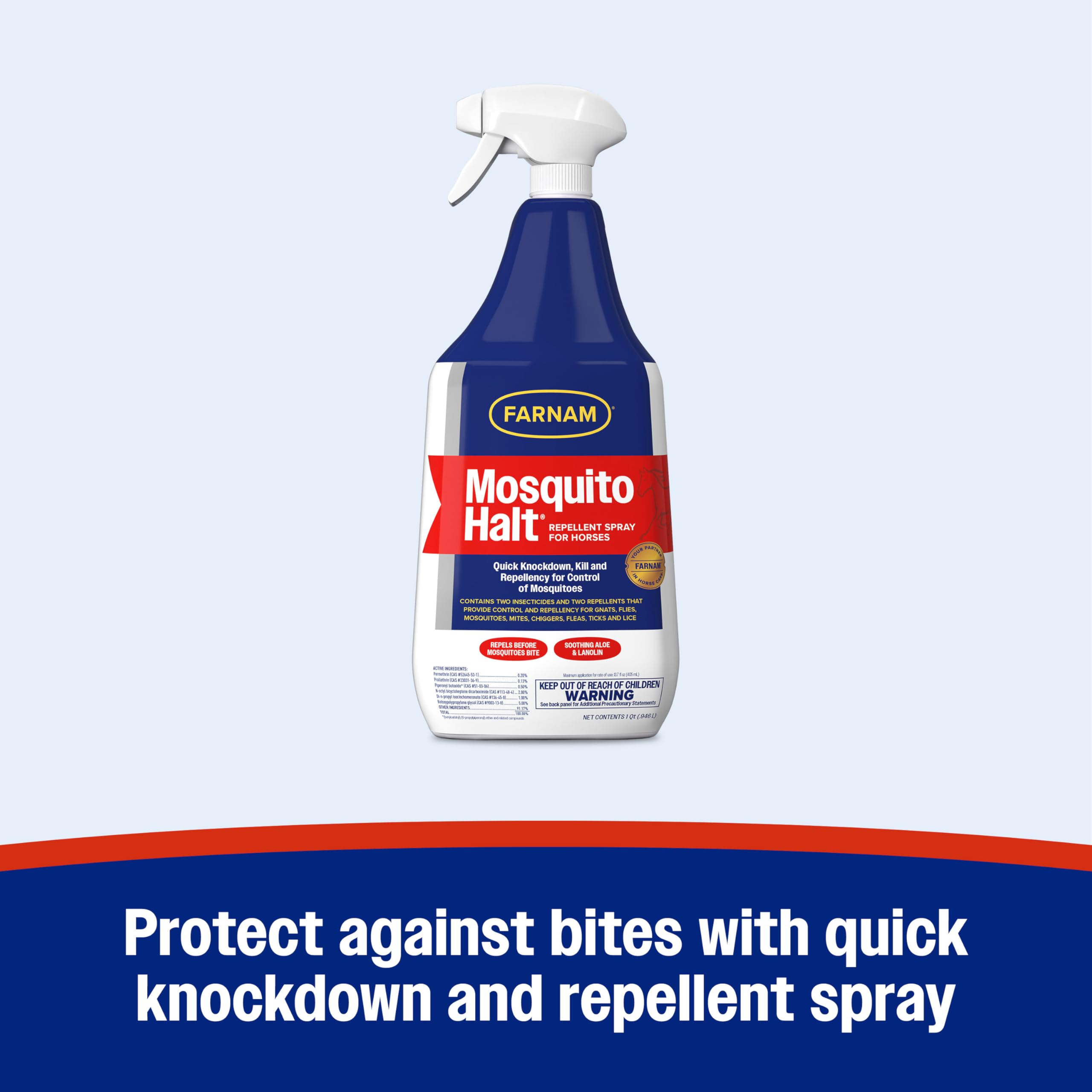 Face-area spray for horses to deter flies and mosquitos.