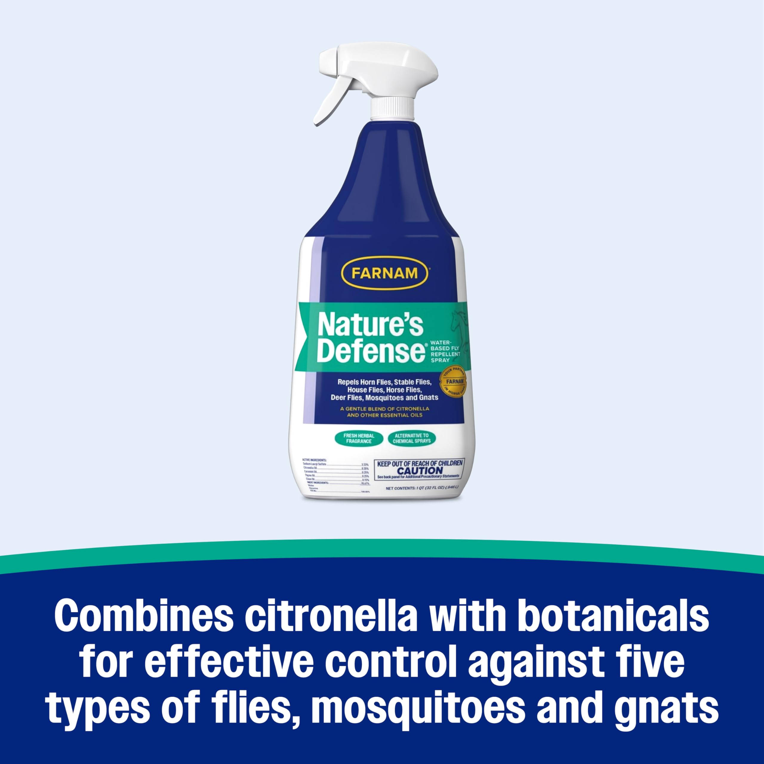 Close-up of Farnam Nature’s Defense bottle with label and ingredients