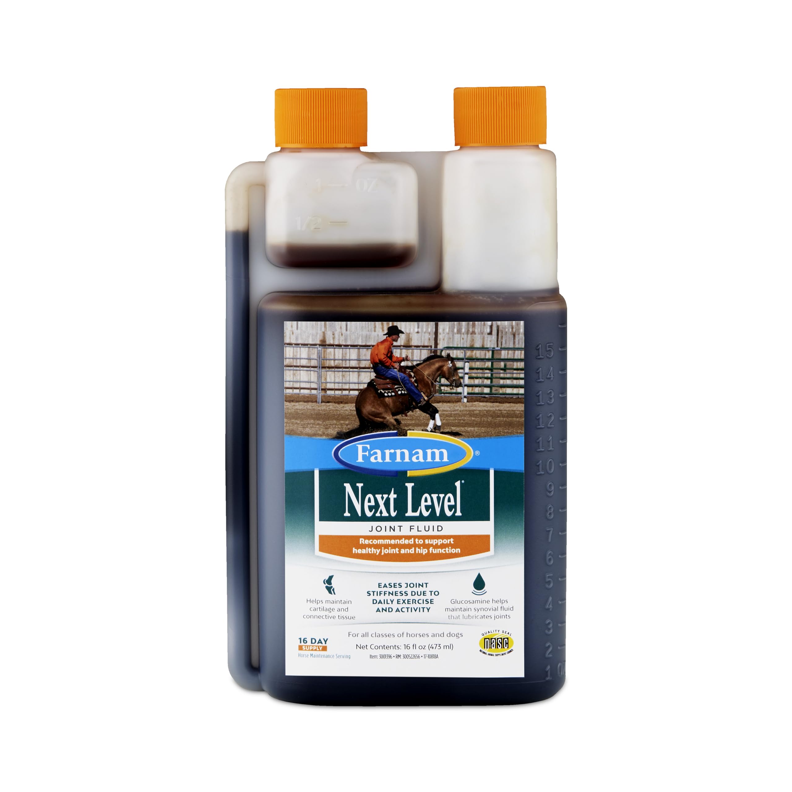 Farnam Next Level Joint Fluid bottle pour for easy daily dosing in horses.