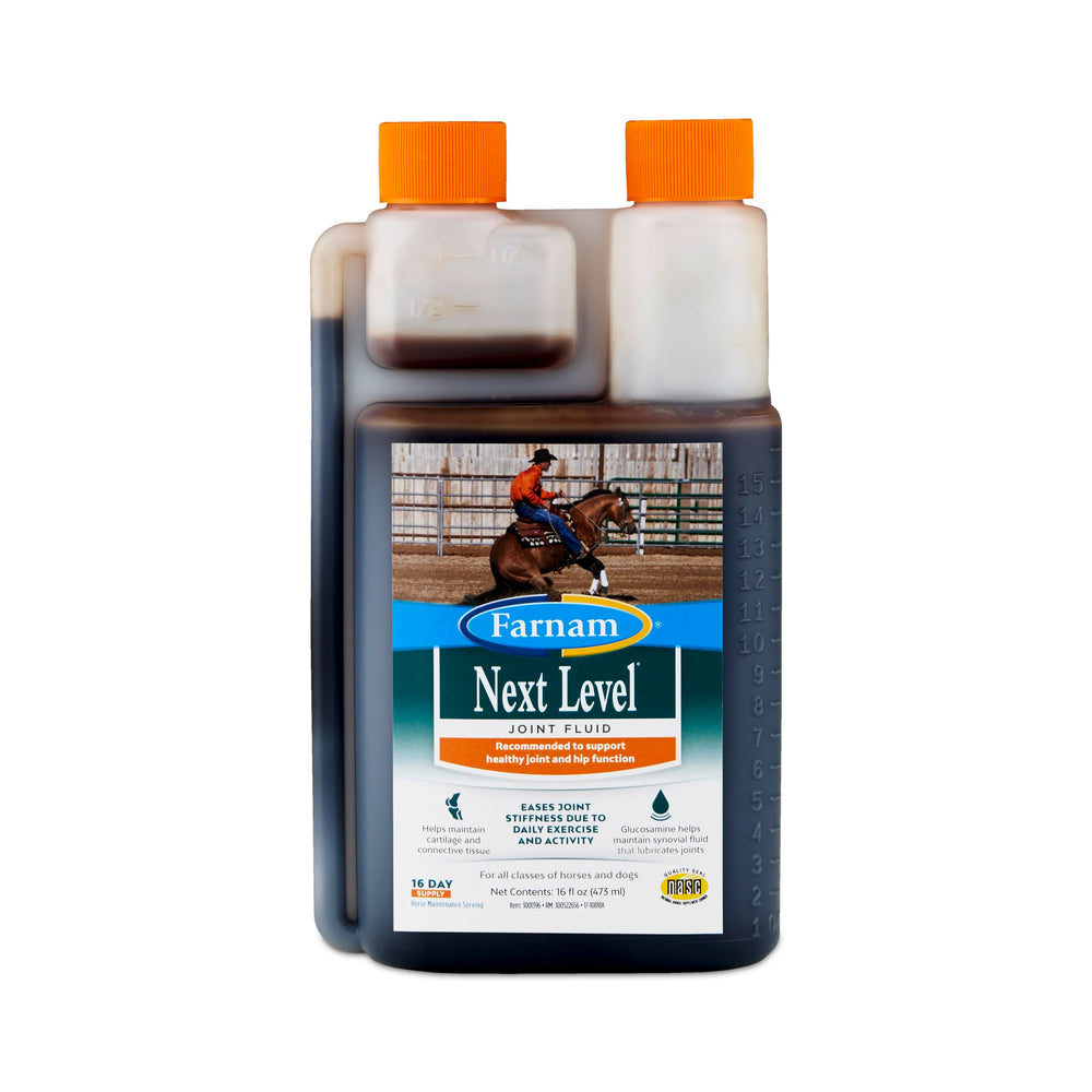 Farnam Next Level Joint Fluid bottle pour for easy daily dosing in horses.