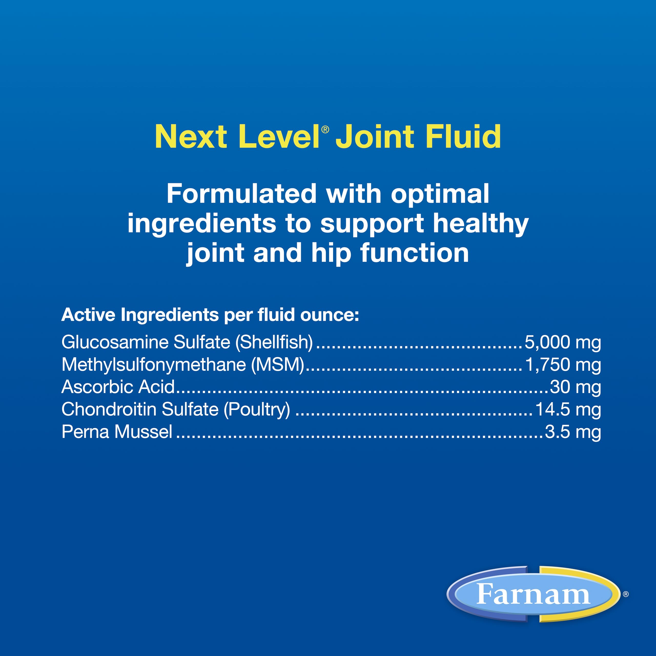 Horse feeding scene featuring Farnam Next Level Joint liquid bottle