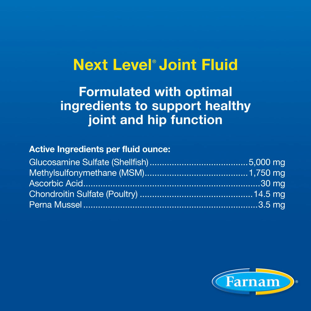 Horse feeding scene featuring Farnam Next Level Joint liquid bottle