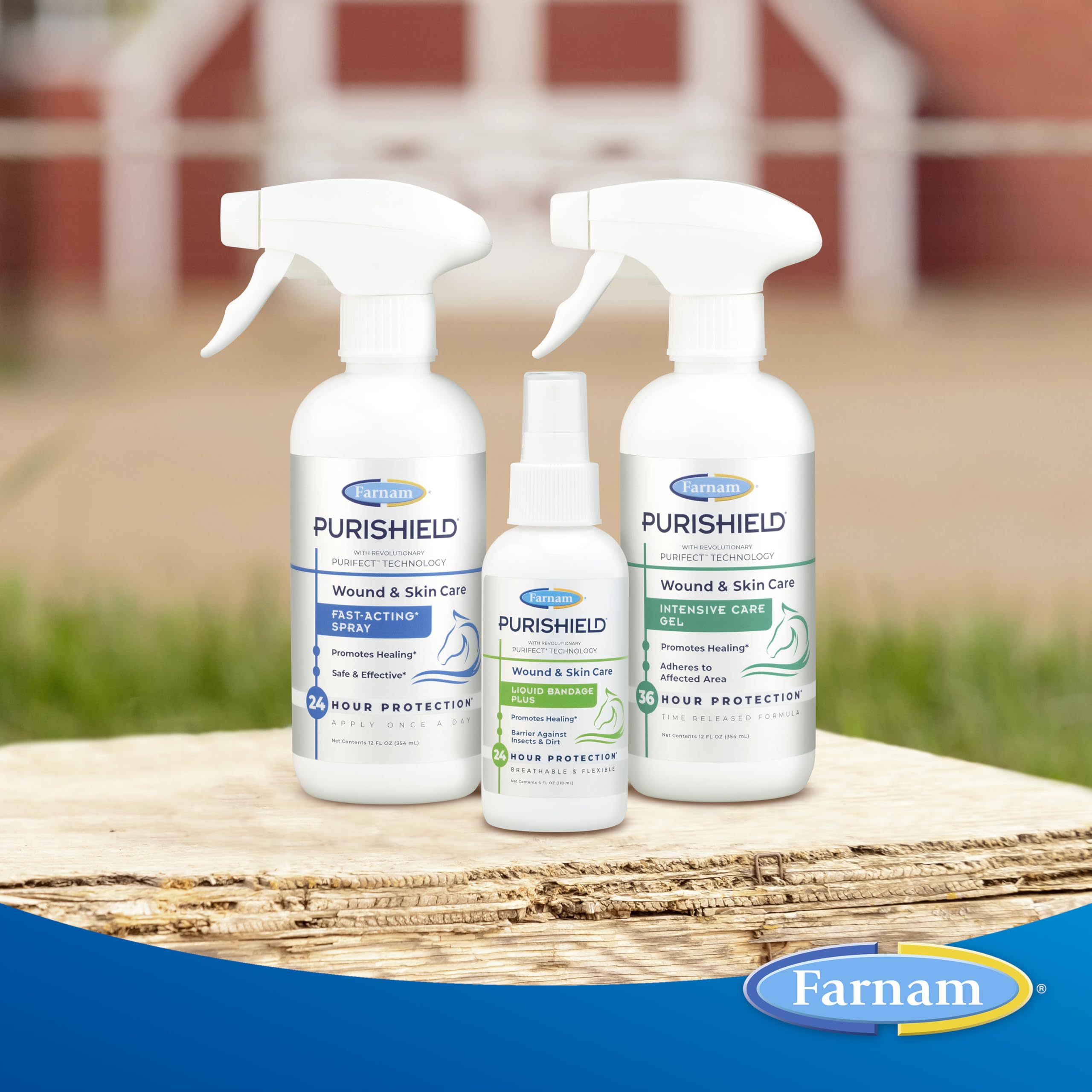 Farnam Purishield safety label noting no steroids or harsh chemicals.