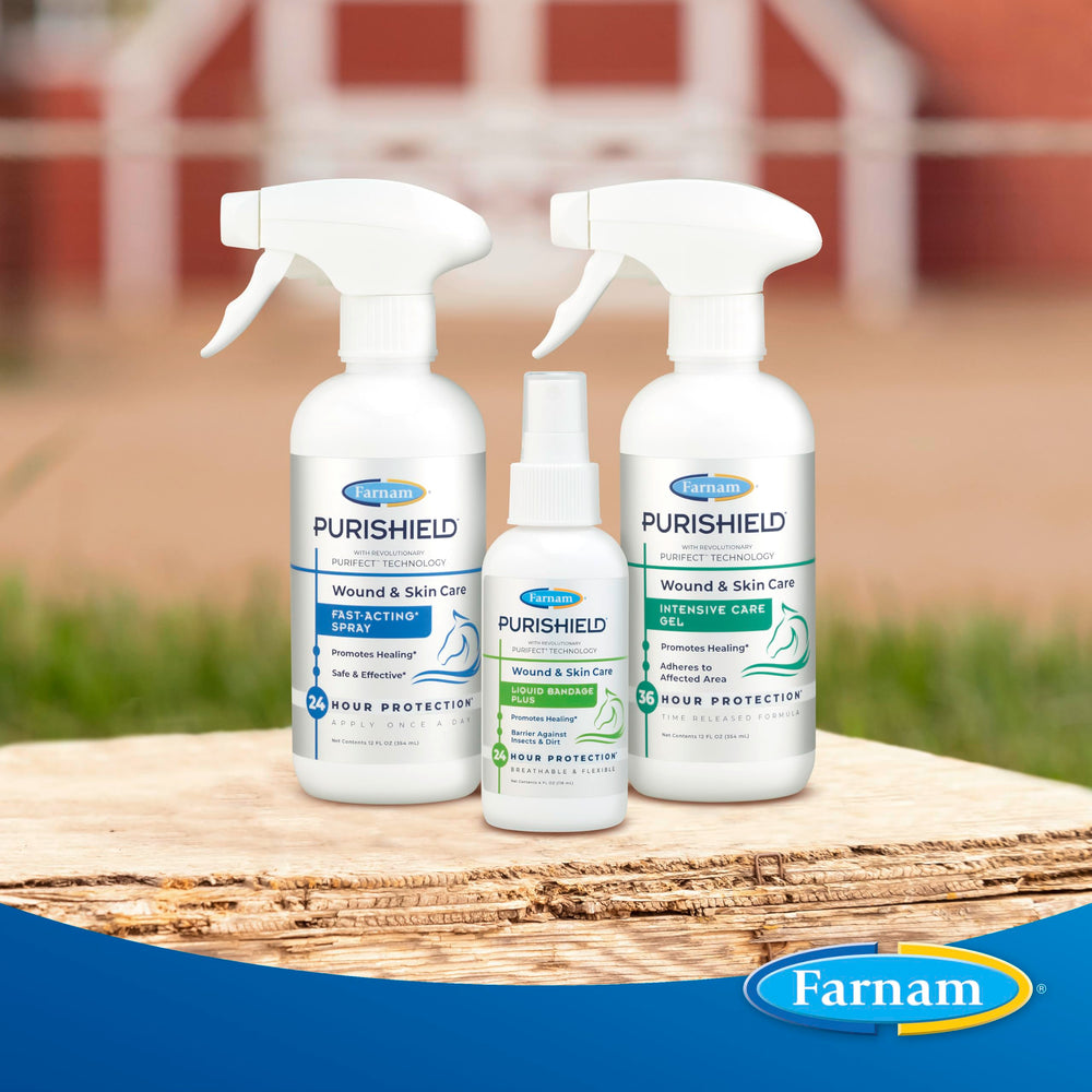 Farnam Purishield safety label noting no steroids or harsh chemicals.