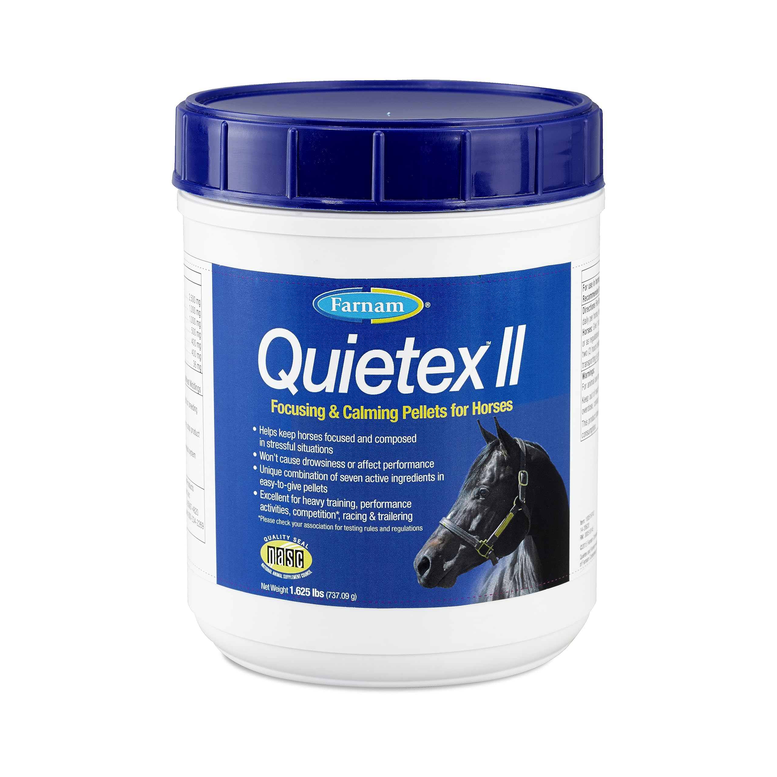 Farnam Quietex II pellets bottle shown for calming support during training