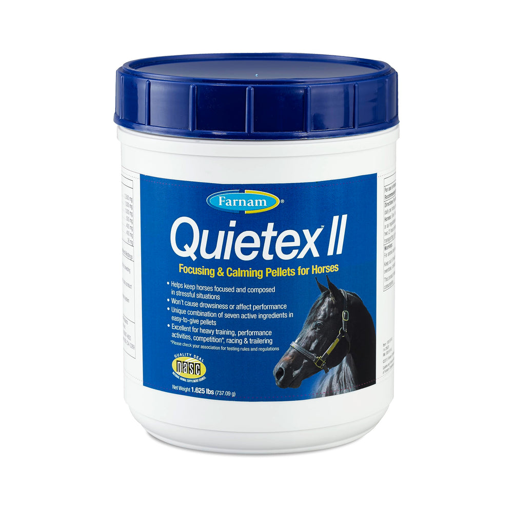 Farnam Quietex II pellets bottle shown for calming support during training
