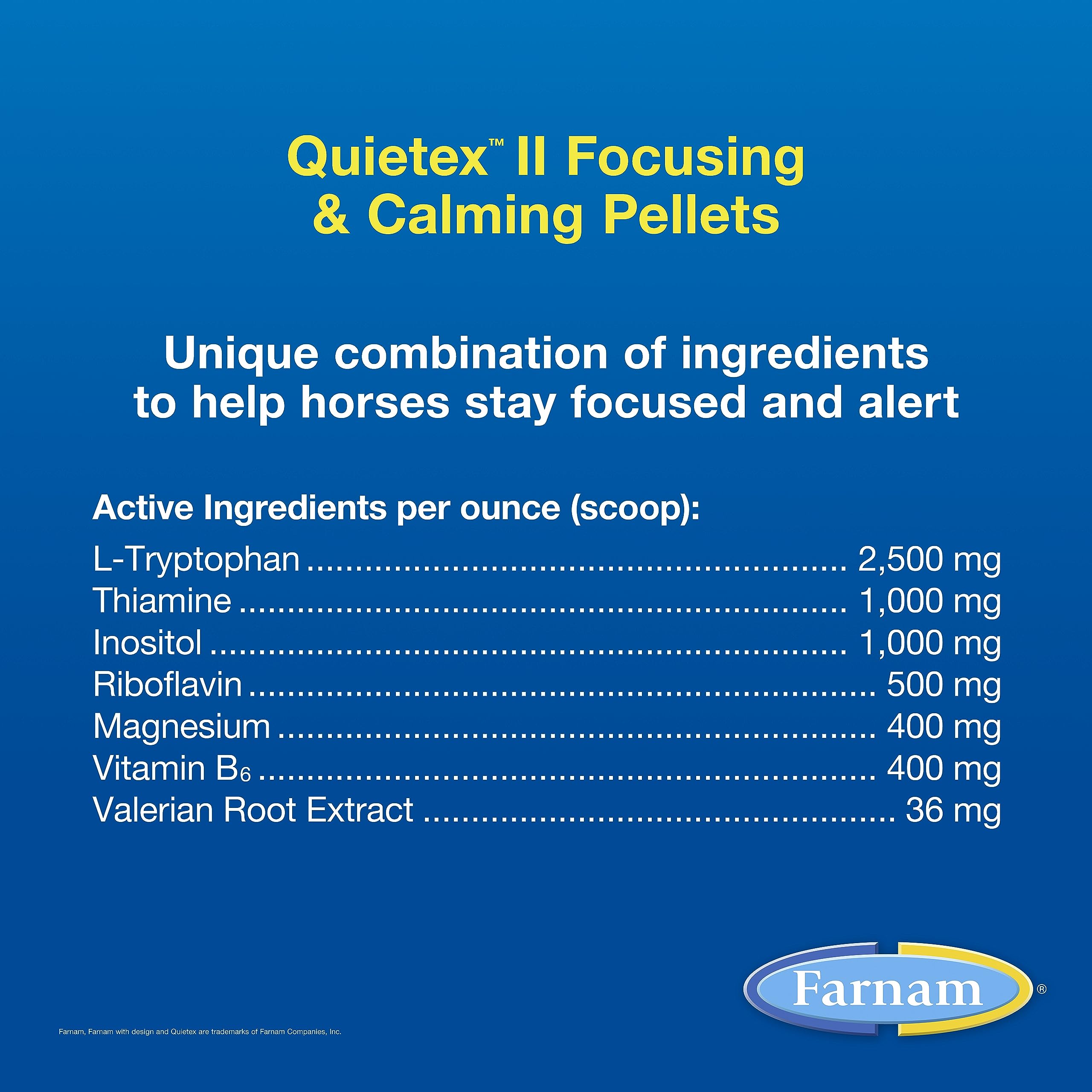 Front label of Farnam Quietex II bottle emphasizes its calming formula