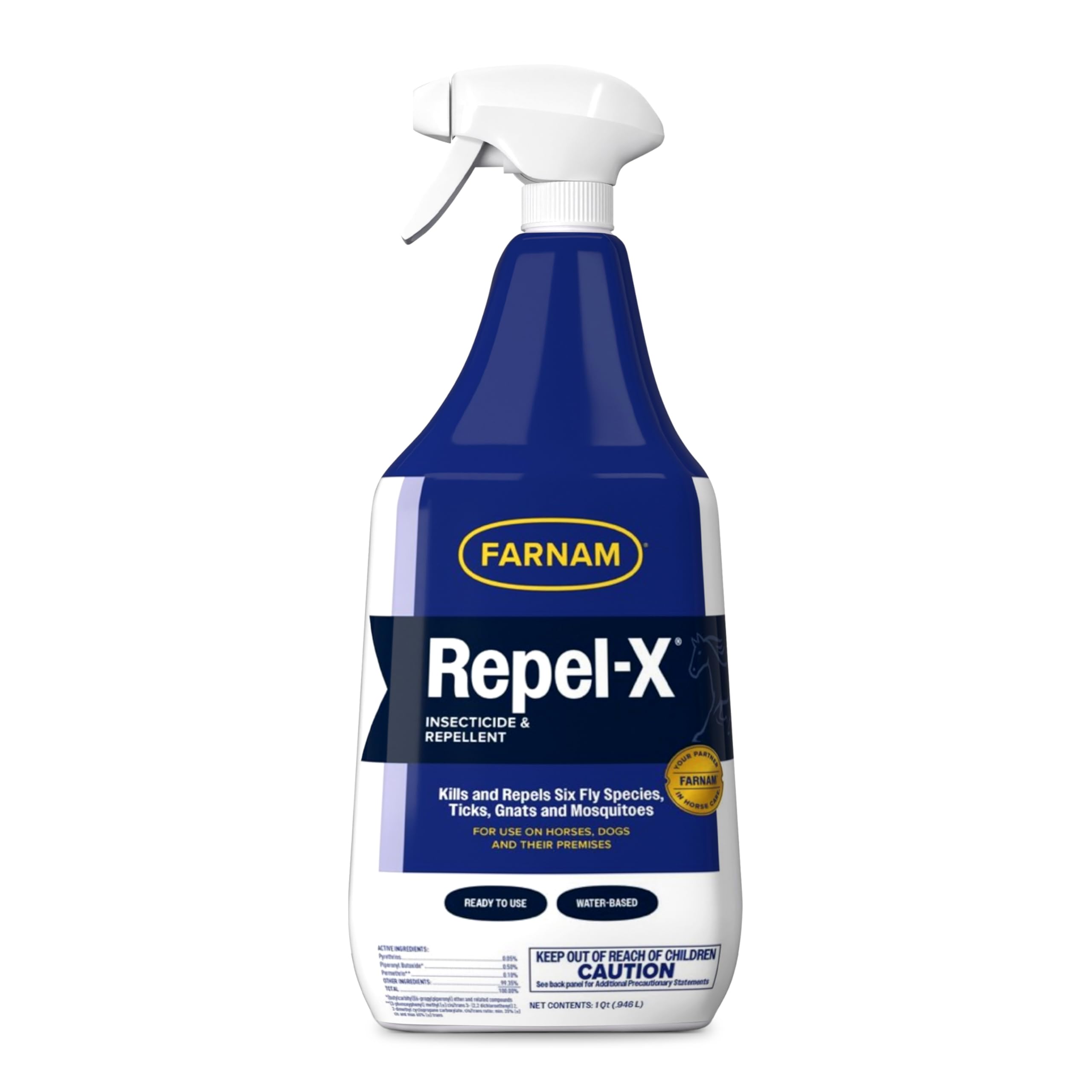 Farnam Repel-X emulsifiable fly spray bottle for horses provides ready-to-use insect protection.