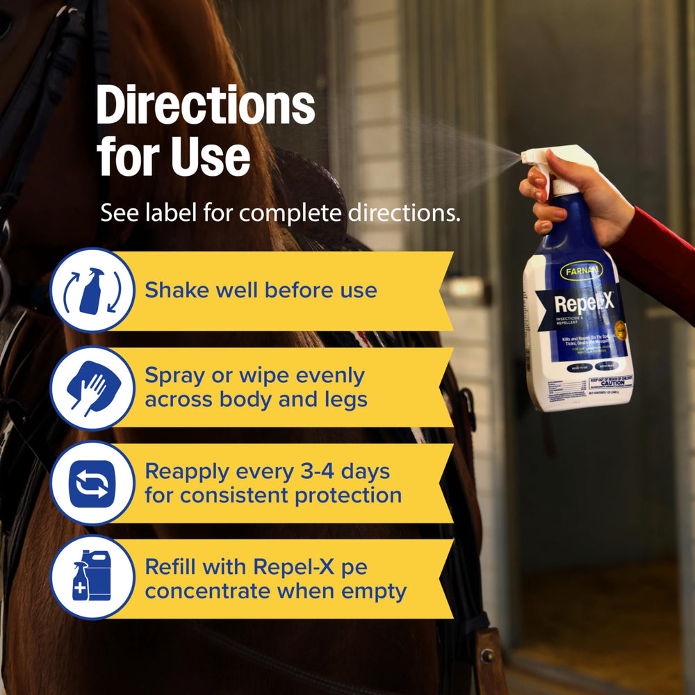 Farnam Repel-X helps reduce fly pressure during heavy seasons for horse comfort.