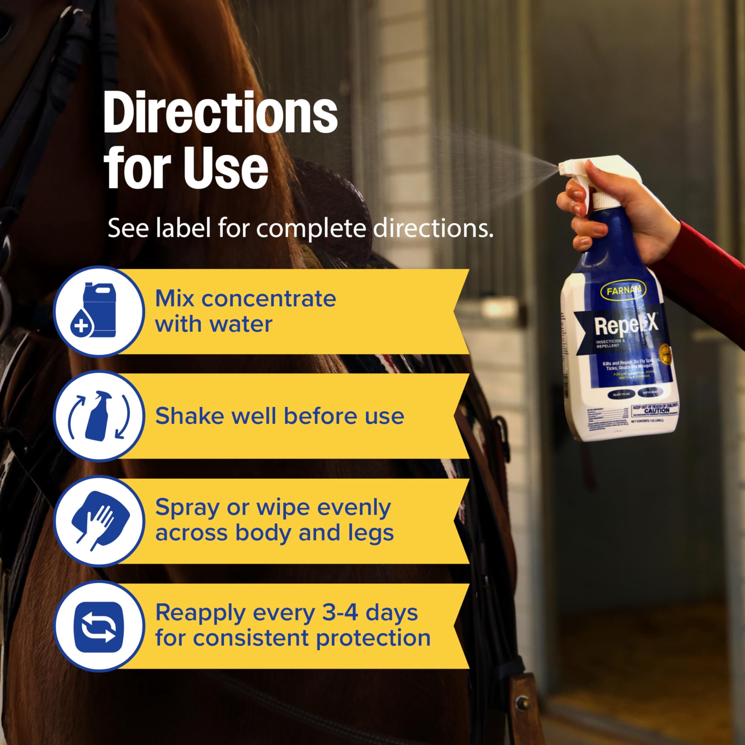 Farnam Repel-X PE used around stalls to reduce flying pests.