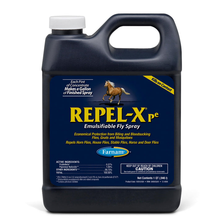 Farnam Repel-X pe Fly Spray bottle on horse to repel flies.
