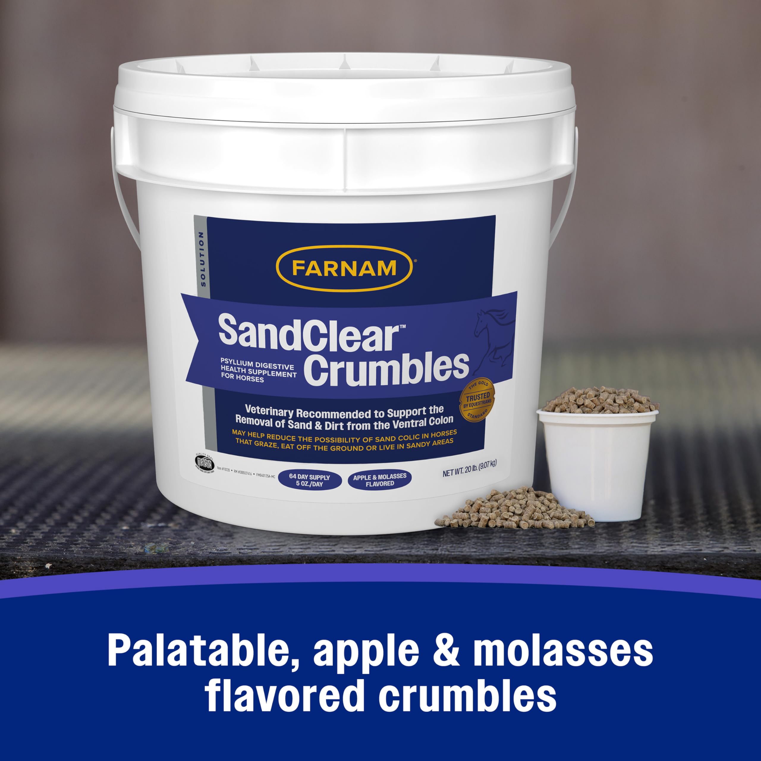 Farnam SandClear Crumbles Apple Molasses flavor boosts palatability and acceptance.