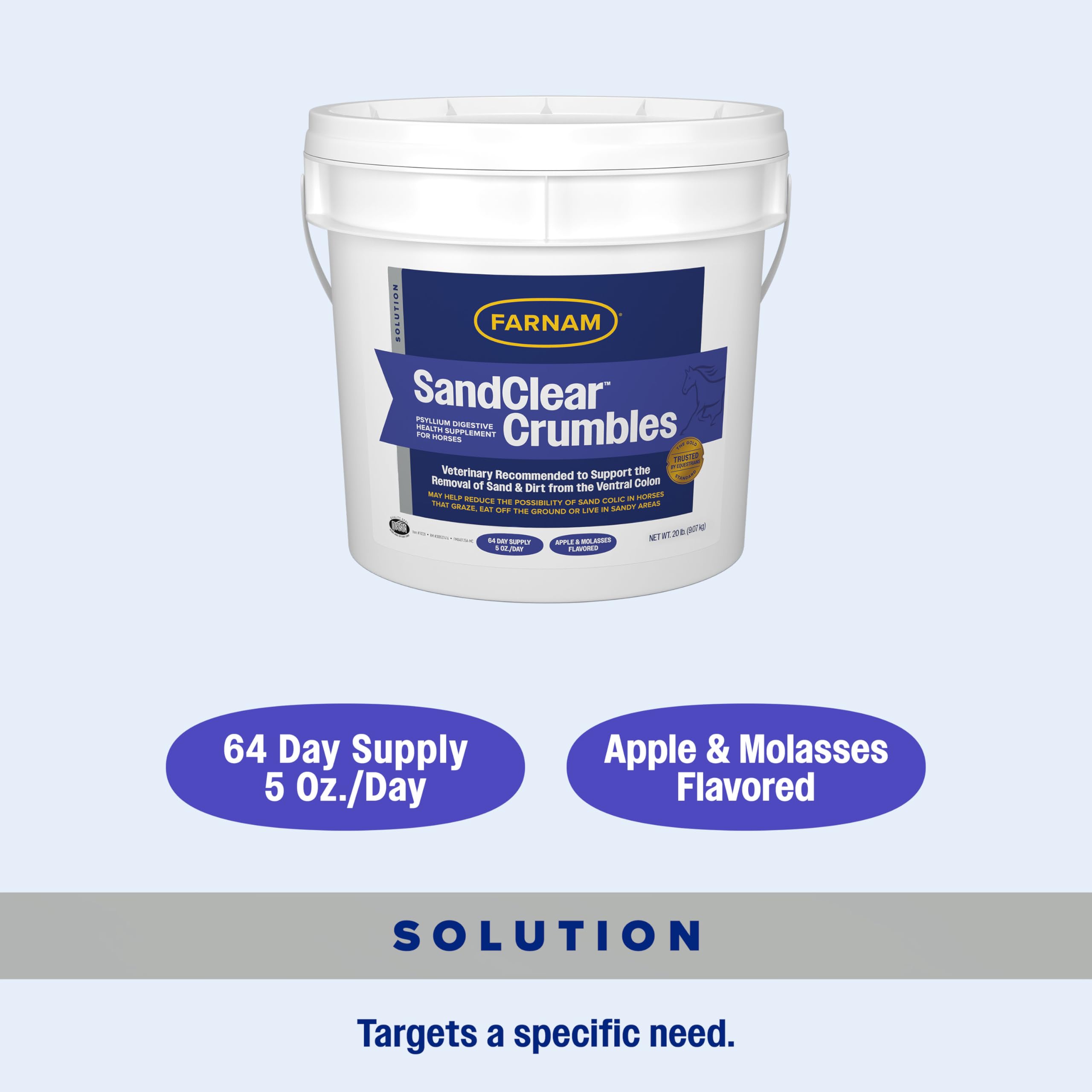 Farnam SandClear foal-friendly formula shown in stable setting.