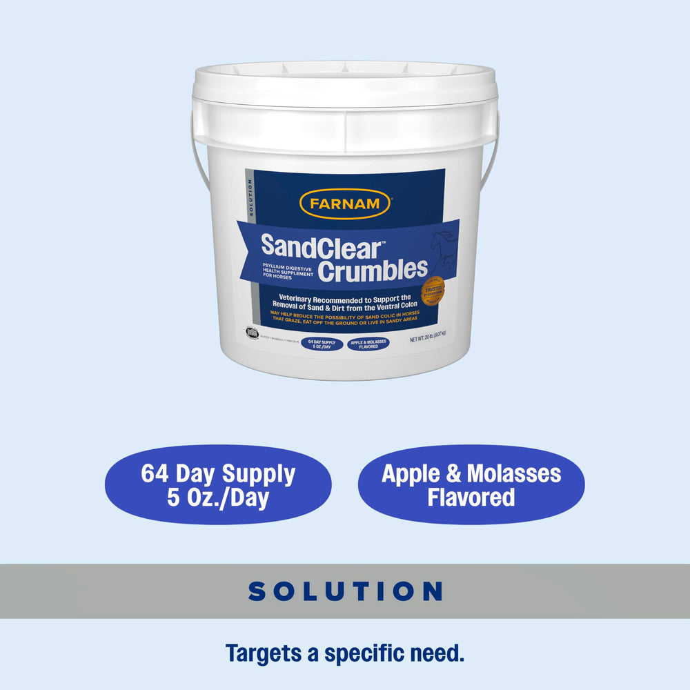 Farnam SandClear foal-friendly formula shown in stable setting.